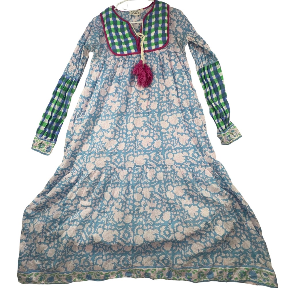 SZ Blockprints Nila Dress Women Medium Blue Floral Plaid Tassel Boho Midi **HOLE